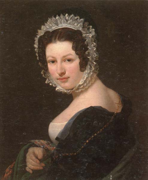 Portrait of a young lady,half-length,wearing a black dress,with a green mantle,and a lace bonnet